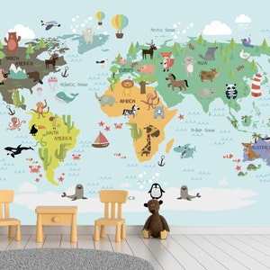 Funny Kids Animal Map Wallpaper Peel and Stick Wall Mural - Etsy