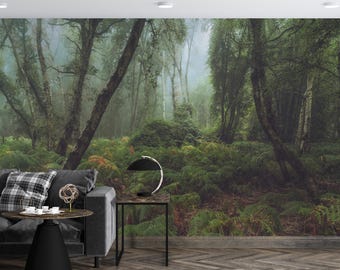 Moody Forest Wall Mural, Misty Woodland Wallpaper, Dark Nature Wall Decor, Peel and Stick Wallpaper, Living Room Accent