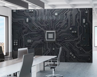 Cpu Chip on Circuit Board Wallpaper Peel and Stick Abstract Electronic Themed Wall Mural IT Technology Computer Motherboard Gaming Wallpaper