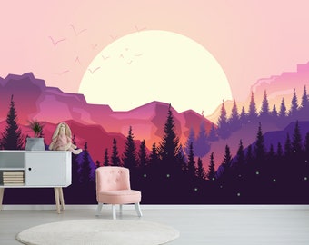 Minimalistic Purple Sunset Wall Mural Mountain Forest Silhouette Wallpaper Peel and Stick Nature Wallpaper Mountains Wall Art Custom Sizes