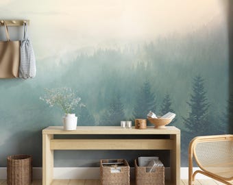 Behangmuur Misty Forest - Sereen natuurlandschap Peel-and-Stick vinyl / traditioneel aangepaste afdruk