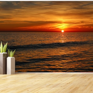 Dark Orange Sunset Sea Wall Mural: Peel and Stick Wallpaper