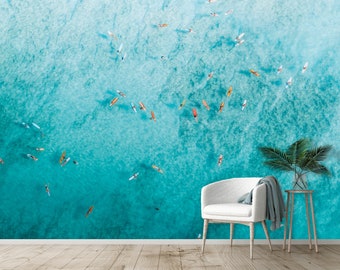 Surfing Watercolor Blue Water Wallpaper Wall Mural Peel and Stick Aqua Teal Turquoise Wallpaper Decor