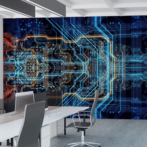 Abstract Electronic Circuit Board Wall Mural Wallpaper IT Technology Office Commercial Wall Decor Peel and Stick Tech Gaming Wallpaper Print