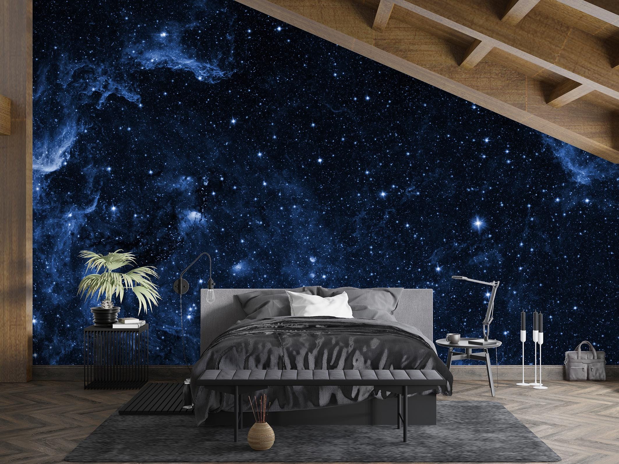 Dark Navy Blue Starry Sky Wallpaper Space Galaxy Wall Mural Bedroom ...