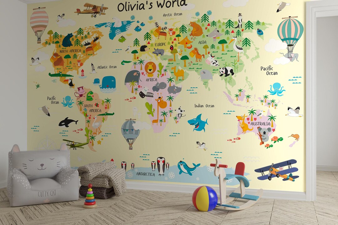 Personalized Kids World Map Mural - Animal Wallpaper for Nursery ...