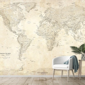 Antica carta da parati con mappa del mondo, stacca e attacca, murale con mappa del mondo, stampa murale con mappa del mondo, carta da parati vintage con mappa del mondo, murale con mappa, carta da parati per soggiorno