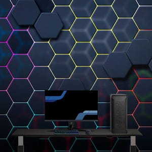 May include: A gaming setup with a black monitor, keyboard, and tower on a black desk. The background is a dark blue wall with a honeycomb pattern and neon lighting. The measurements are in cm.