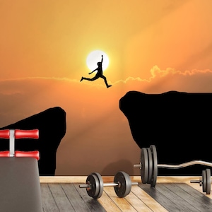 Carta da parati murale "Leap of Faith", murale ispiratore con scena di tramonto e salto, carta da parati motivazionale per l'allenamento in palestra, staccabile e attaccabile.