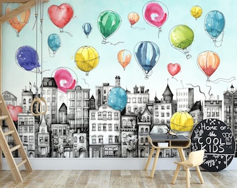 Kids City Houses Mural Colorful Watercolor Balloons Wallpaper Nursery Playroom Wallcovering