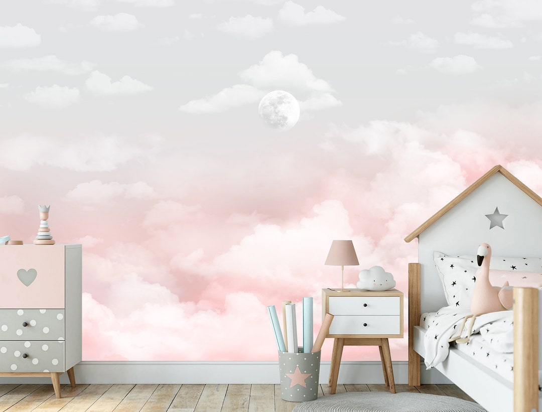 Pink Clouds Kids Bedroom Wall Mural Wallpaper Peel and Stick Moon