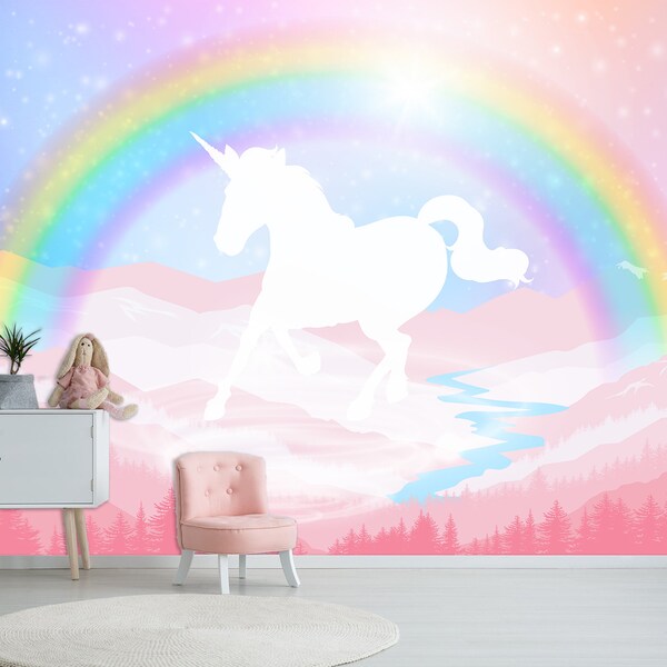 Peel and Stick Unicorn Rainbow Wallpaper Etsy