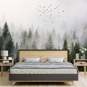 Misty Foggy Forest Wall Mural Peel and Stick Wallpaper Forest Trees Nature Wallpaper Forest Landscape Bedroom Living Room Accent Wallpaper