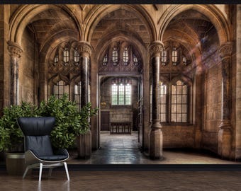 Architecture Gothic Wallpaper Antique Accent Wall Mural Inside of a Wizard Castle Peel and Stick / Traditional Wallpaper Wall Decor