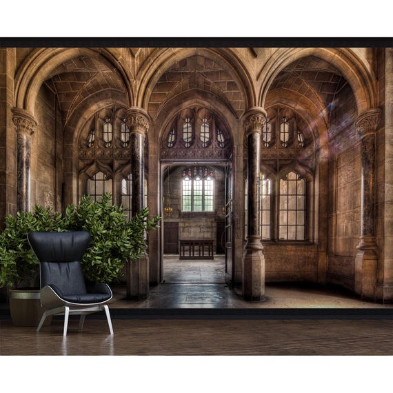 Architecture Gothic Wallpaper Antique Accent Wall Mural Inside of a Wizard Castle Peel and Stick / Traditional Wallpaper Wall Decor
