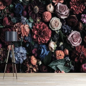 Dark Floral Wallpaper Mural Moody Vintage Flower Wall Art for Elegant Romantic Interiors Bold Bloom Wall Mural Victorian Botanical Wallpaper