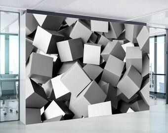 Grey Cubes Wall Mural Geometric Wallpaper Peel and Stick Hi-Tech Gaming Room Playroom Gym Office Abstract Wall Decoration Print Wallpaper