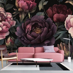 Dark Floral Peony Wall Mural Elegant Vintage Wallpaper Bedroom Living Room Luxury Botanical Flower Wall Print - Peel and Stick / Traditional