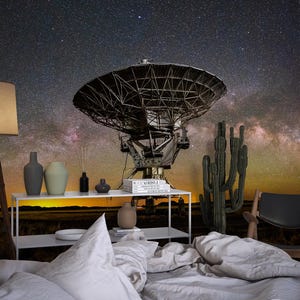 Carta da parati murale con telescopio spaziale sotto il cielo stellato, carta da parati staccabile e adesiva in vinile/carta da parati non incollata, stampa murale con telescopio radio dello spazio profondo