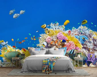 Fish Coral Reef Mural Underwater Peel and Stick Wallpaper Sea World Photo Mural Decor Underwater Life Aquarium Oceanarium Wallpaper Print