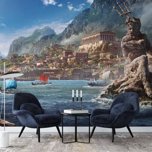 Poseidon Mural Wallpaper Peel and Stick Greek Ancient God Wall Decor Mythology Wallpaper Ocean Art Neptune Wall Art God of the Sea Wallpaper