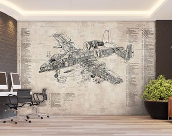 Vintage Blueprint Peel and Stick Wallpaper Airplane Mural Artwork Line Drawing Mural Aviation Wall Murals Engineering Office Wallpaper