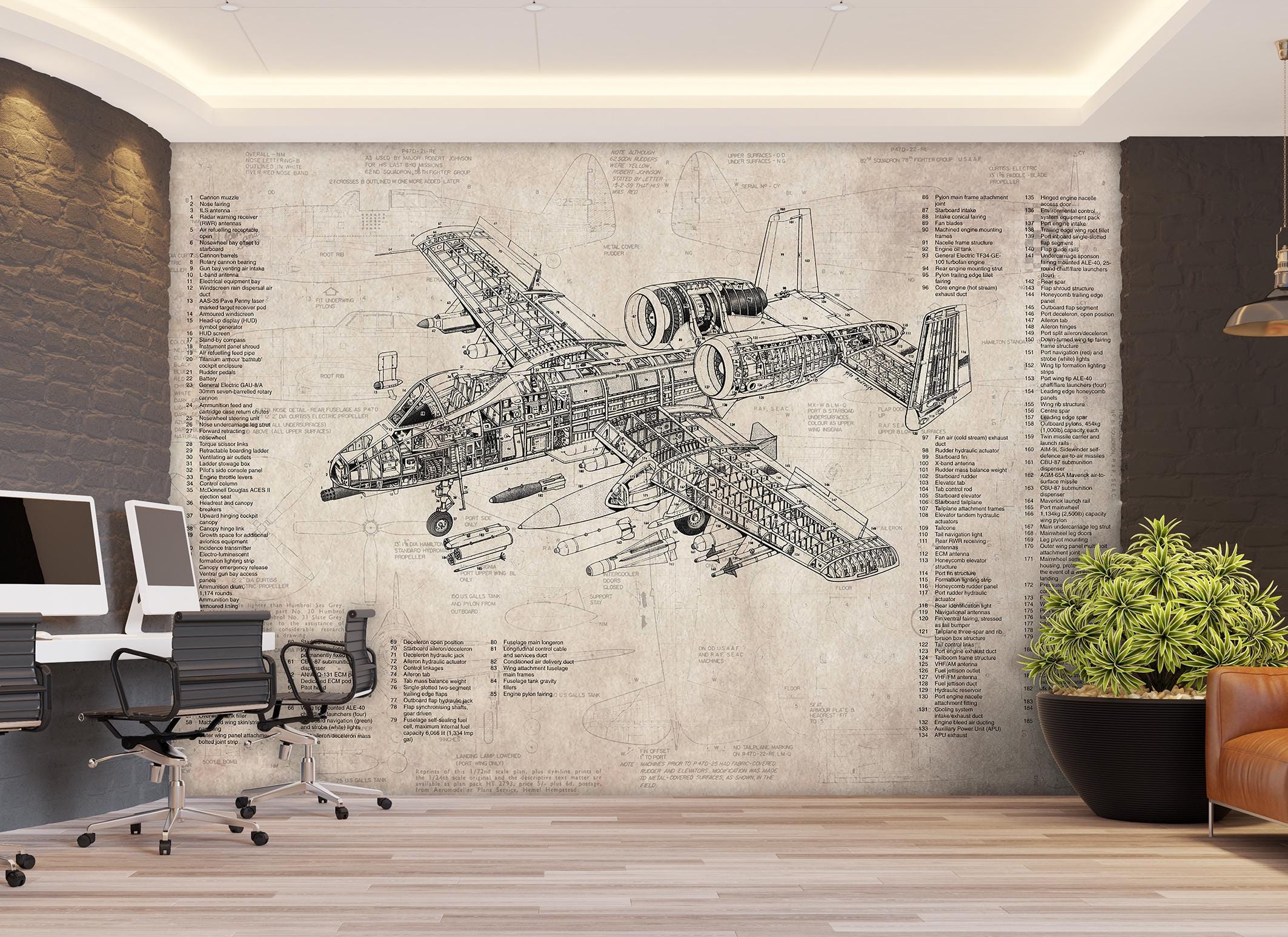 Vintage Blueprint Peel and Stick Wallpaper Airplane Mural Artwork Line Drawing Mural Aviation Wall Murals Engineering Office Wallpaper