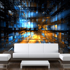 Puede incluir: Impresi&oacute;n de arte digital abstracto con una ciudad futurista con un esquema de color amarillo y azul brillante. La impresi&oacute;n representa un t&uacute;nel de luz con una vista en perspectiva de una ciudad.