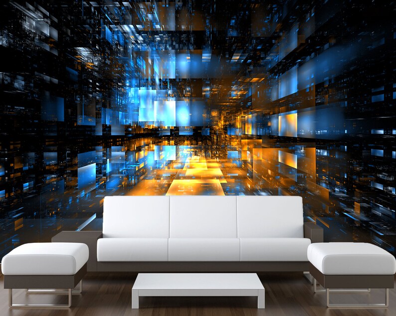 Puede incluir: Impresi&oacute;n de arte digital abstracto con una ciudad futurista con un esquema de color amarillo y azul brillante. La impresi&oacute;n representa un t&uacute;nel de luz con una vista en perspectiva de una ciudad.