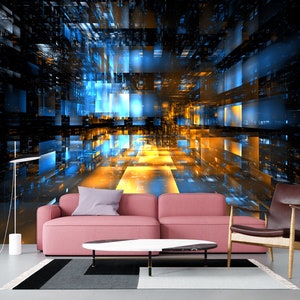 Puede incluir: Un sof&aacute; rosa y un sill&oacute;n marr&oacute;n frente a un mural de pared que representa un dise&ntilde;o futurista y abstracto con formas geom&eacute;tricas azules y amarillas.