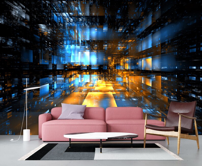 Puede incluir: Un sof&aacute; rosa y un sill&oacute;n marr&oacute;n frente a un mural de pared que representa un dise&ntilde;o futurista y abstracto con formas geom&eacute;tricas azules y amarillas.