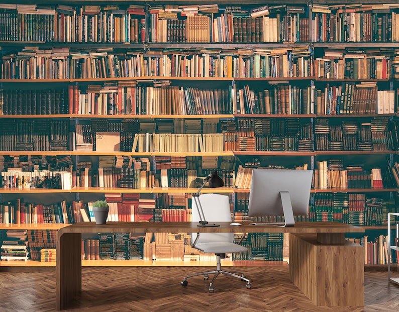 Bookshelfs Mural Reading Room Wallpaper Books Library Wall Mural Old Library Peel and Stick Vinyl Wallpaper Office Study Room Library Decor image 3