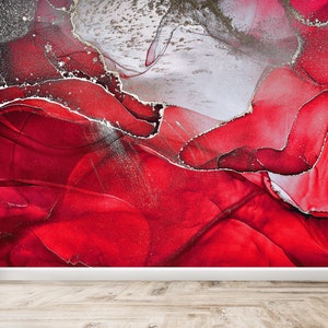 Vibrant Red Wall Mural Abstract Wallpaper Peel and Stick Aesthetic Marble Wall Decor Modern Abstract Painting Luxury Wall Art Red Wallpaper