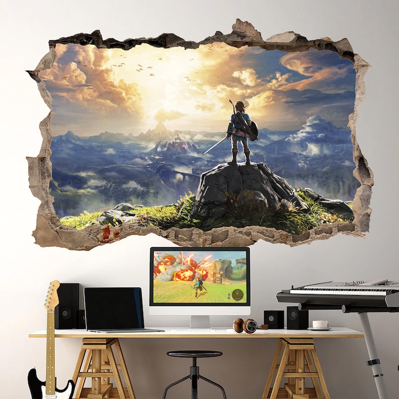 May include: A wall decal featuring a video game character standing on a mountaintop overlooking a vast landscape. The character is holding a sword and shield, and the background is a dramatic sunset with clouds.