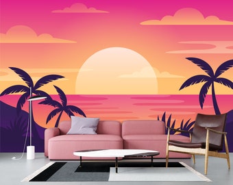 Abstraktes rosafarbenes Meer-Sonnenuntergang-Wandbild, Paradies-Strand-Tapete zum Abziehen und Aufkleben, minimalistische tropische Szene-Illustration, Tapeten-Wandbilddruck