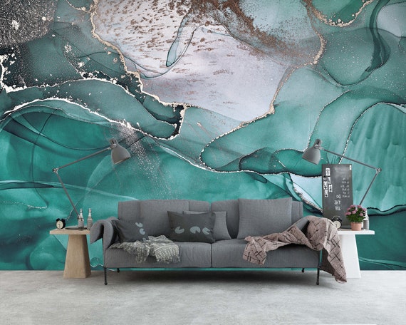 Dormitorio terciopelo Propuesta Hermoso mural de pared turquesa Papel tapiz de mármol - Etsy México