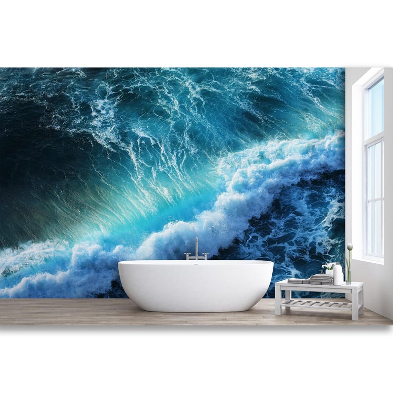 Sea Wave Wallpaper Mural Peel and Stick Beach Wallpaper Blue Surf Wave ...