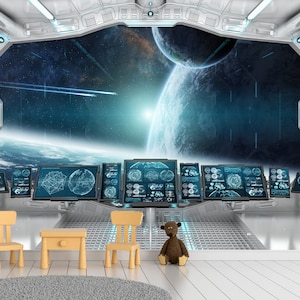 May include: A futuristic interior scene with a large window displaying a vibrant space scene with planets and stars. The room features multiple computer screens, two small wooden chairs, a table, and a teddy bear. The floor is white, and a gray rug is in the foreground.