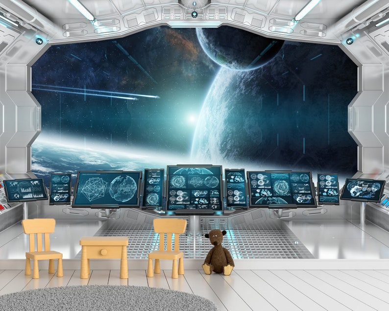 May include: A futuristic interior scene with a large window displaying a vibrant space scene with planets and stars. The room features multiple computer screens, two small wooden chairs, a table, and a teddy bear. The floor is white, and a gray rug is in the foreground.