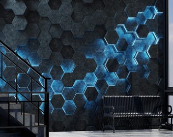 Könnte beinhalten: Modernes Interieur mit einer Wand mit sechseckigem Muster in Grau und Blau. Eine schwarze Bank und eine Treppe befinden sich im Vordergrund. Die Wand hat einen blauen Leuchteffekt.