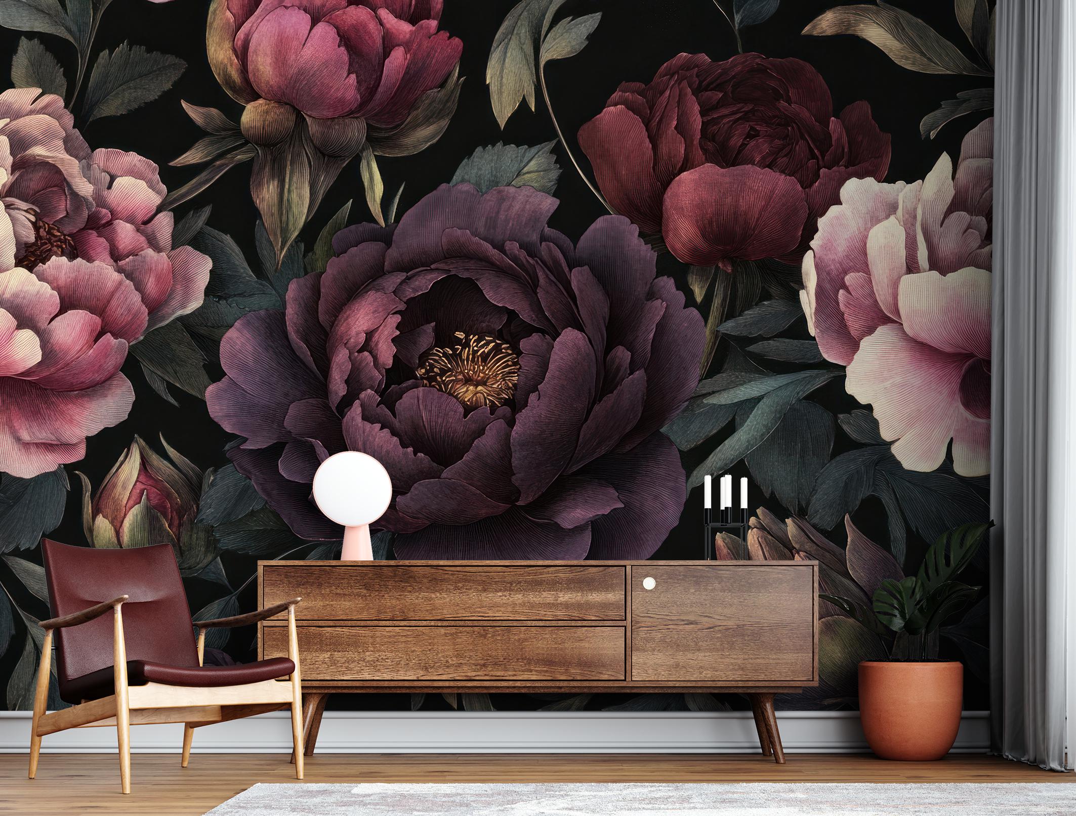 Dark Floral Peony Wall Mural – Vintage Botanical Peel and Stick ...