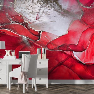 Lebendiges Rot Wandbild Abstrakte Tapete Peel & Stick Ästhetischer Roter Marmor Wanddekor Moderne Abstrakte Malerei Luxus Kunst Rote Tapete