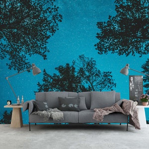 Night Starry Sky in the Forest Wall Mural Peel and Stick Print Wallpaper Bedroom Wall Decor Custom Background Wall Murals