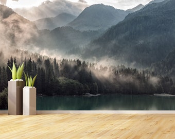 Foggy Mountains Vinyl Wallpaper Foggy Forest Wall Mural Foggy Landscape Misty Mountains Peel & Stick Traditional Wall Decal Nature Wallpaper