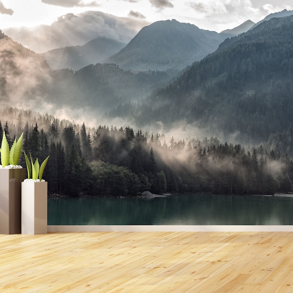 Foggy Mountains Vinyl Wallpaper Foggy Forest Wall Mural Foggy Landscape Misty Mountains Peel & Stick Traditional Wall Decal Nature Wallpaper