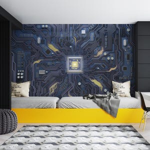 Carta da parati murale con circuito stampato - Decorazione digitale futuristica ad alta tecnologia per gli appassionati di videogiochi e fantascienza - Carta da parati murale con circuito cyberpunk per videogiochi