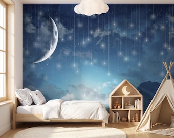 Magical Moon Stars Wallpaper Whimsical Celestial Kids Room Mural Peel and Stick / Traditional Nursery Wall Decor