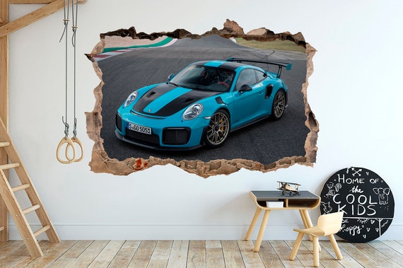 Racing Porsche 911 3D Cassé Sticker Mural Sticker Enfants Chambre