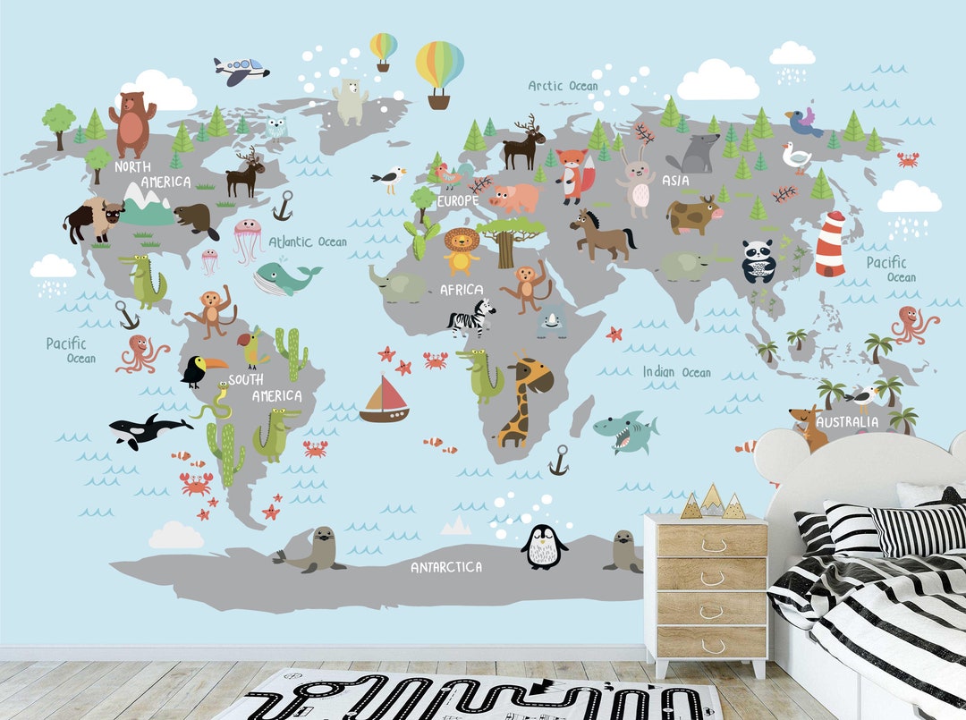 Kids Wallpaper Peel and Stick Animal Map Wall Mural Accent - Etsy