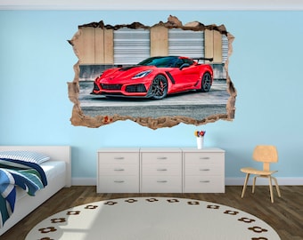 Red Sports Car Wall Decal Chevrolet Corvette 3D Broken Wall Sticker, Racing Car Wall Art, Boys Bedroom Decor, Supercar Wall Decal